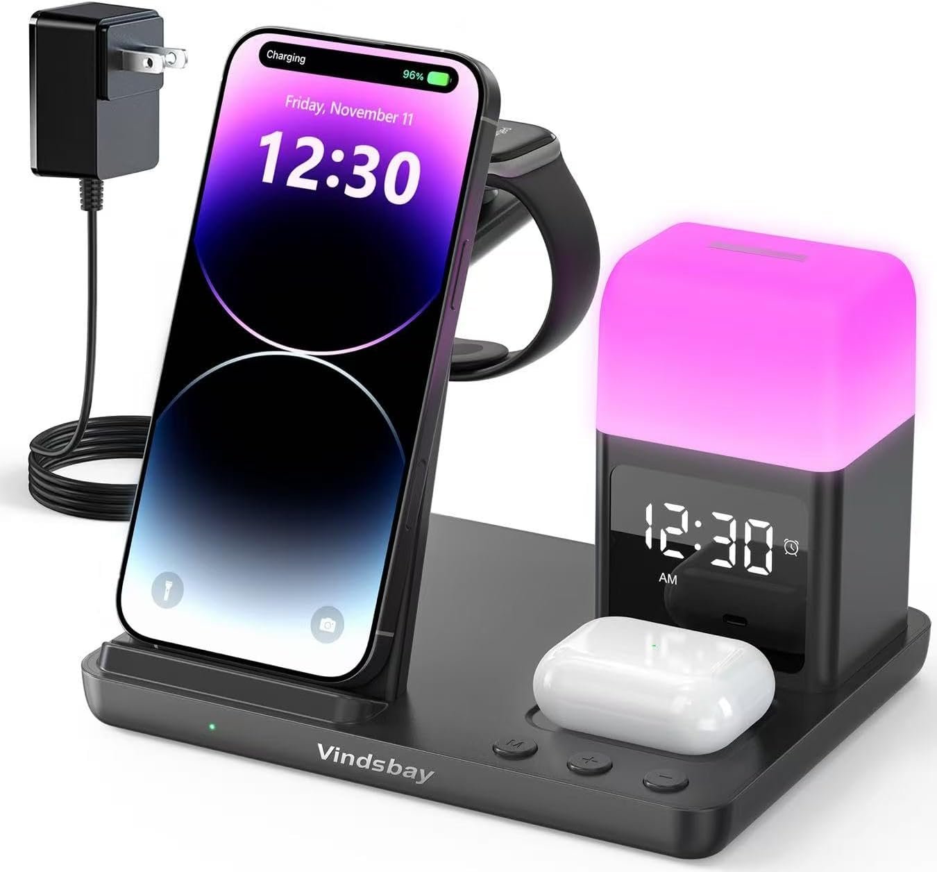Wireless Charging Station Alarm Clock with 8 Touch Night Lights: 5 in 1 Wireless Charger for Apple Devices - Charging Dock for iPhone 17 16 15 14 13 12 Pro Max Plus/Apple Watch/AirPods