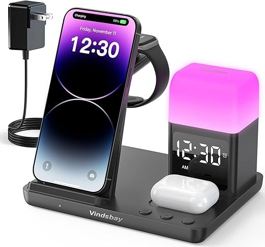 Wireless Charging Station Alarm Clock with 8 Touch Night Lights: 5 in 1 Charger Stand for Apple Devices - Charging Dock for iPhone 17 16 15 14 13 12 Pro Max Plus/Apple Watch/AirPods