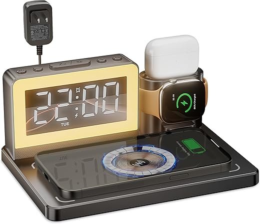 Wireless Fast Charging Station - 7 in 1 Alarm Clock with Wireless Charger Stand - Charging Dock for Apple,for Samsung Galaxy Multiple Devices - for iPhone Watch,for Airpods (Black)