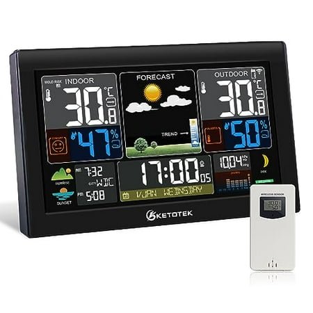 Wireless Weather Station with Outfdoor Sensor 8.8'' LCD Digital Thermometer Hygrometer,WWVB Radio Alarm Clock,Barometer,Weather Forecast,City Sunrise Sunset Time,Calender,Moon Phase