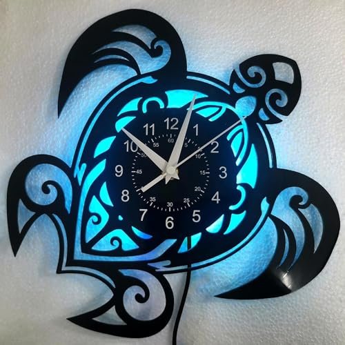 Wkjhdfsd Sea Turtle Unique Clock Vintage Decor Gifts, 12 Inch Cute Ocean Animals Vinyl Record Room Decor LED Wall Clocks, 7 Color Lighted Beach Theme Home Decorations Lamp