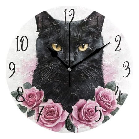 WOBOGO Black Cat with Pink Roses Wall Clock 10in Silent Mechanism Battery Operated Retro Style for Living Room Bedroom and Kitchen Black Pointer