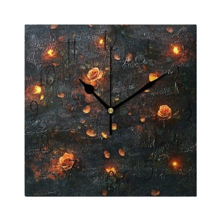 WOBOGO Glowing Roses Wall Clock 7.78 Inch Battery Operated Silent Unit Square Rustic Vintage Style for Home Bedroom Office Black Pointer