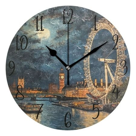 WOBOGO London Eye at Night Wall Clock 10in Silent Mechanism Battery Operated Retro Style for Living Room Bedroom and Kitchen Black Pointer