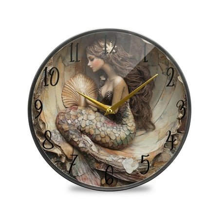 WOBOGO Mermaid Inside The Shell Acrylic Wall Clock Battery Operated 11.9in Silent No Tick Bedroom Living Room Office Classroom Decoration