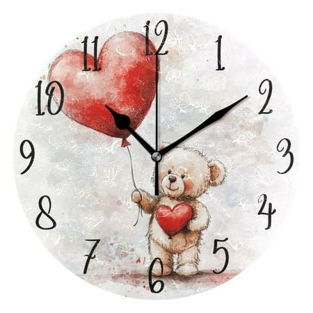 WOBOGO Teddy Bear Holding A Balloon Wall Clock 10in Silent Mechanism Battery Operated Retro Style for Living Room Bedroom and Kitchen Black Pointer