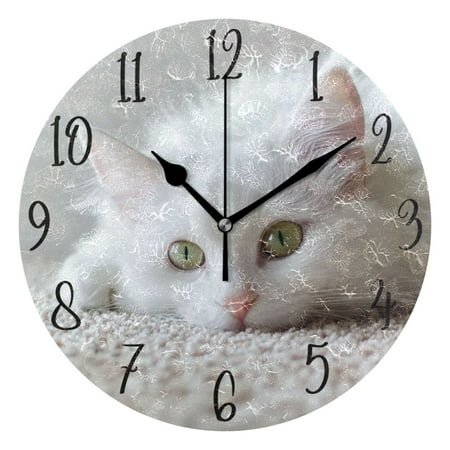 WOBOGO White Cat Wall Clock 10in Silent Mechanism Battery Operated Retro Style for Living Room Bedroom and Kitchen Black Pointer