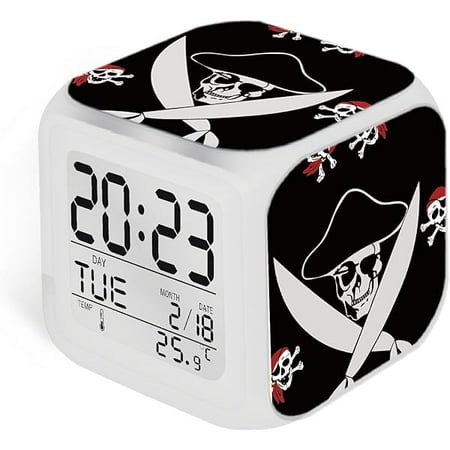 wonima99 Boys Alarm Clock with Pirate Decor Gift for Boys Room, Battery Operated Desktop Alarm Clock, Decor for Kids Bedroom with 7-Color Changing Nightlight (3.15x3.15x3.15 inch)