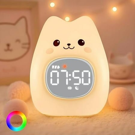 wonima99 Cat Alarm Clock with Night Light for Kids with Sleep Training and Sound Machine, Rechargeable Silicone Lamp OK to Wake Clock，Cute Animal Tabletop Lamp, Perfect Sleep Companion for Boys Girls