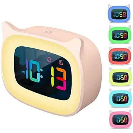 wonima99 Cute Cat Ear Alarm Clock with RGB 7 Color Night Light & 18 Ringtones,Rechargeable Clock for Kids Bedroom,LED Colorful Digital Display,Bedside Clock for Boys,Girls Birthday Presents(Pink)