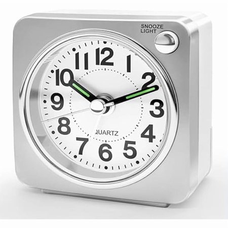 wonima99 Minimalist Battery Analog Travel Alarm Clock, Silver Clocks for Bedrooms, Beside Clock for Kids Seniors, Slient No Ticking, Backlight On Demand, Snooze, Ascending Alarm,Silver