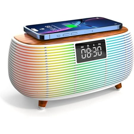 wonima99 Retro Wooden Bluetooth Speaker Alarm Clock with FM Radio, Fast Wireless Charging Station for iPhone/Samsung, Adjustable LED Night Light for Bedroom, Bedside,Office (White)