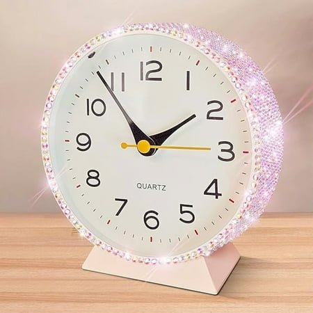 wonima99 Shiny 4.5 Analog Alarm Clock，Bling Small Silent Retro Desk Clock，Metal Glitter Clock Table Decor for Living Room, Bedroom, Bedside, Shelf (Pink)