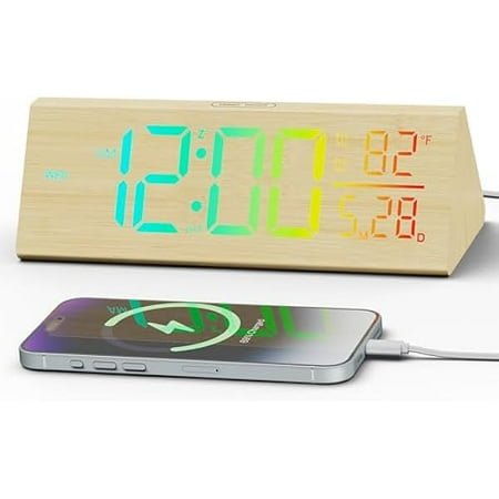 wonima99 Solid Wood Digital Alarm Clock for Bedroom - 8.8 Inch Large Display for Living Room, See Time Instantly! Multicolor Backlight Time Display, Dual Alarms, Date/Temp/Day, DST, Snooze (Bamboo)