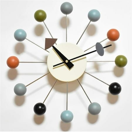 Wood Ball Wall Clock Mid Century Modern Silent Non Ticking Battery Operated 13 Inch Decorative Pop Color Quartz Clocks for Living Room Office Kitchen