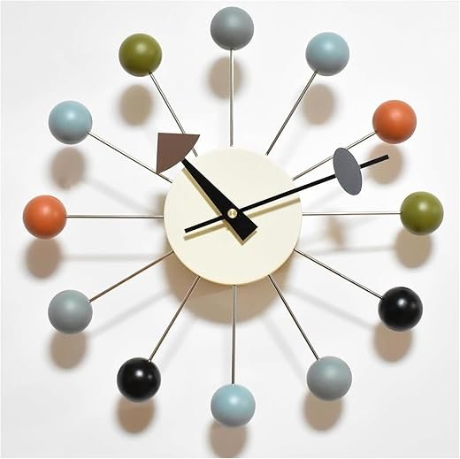 Wood Ball Wall Clock Mid Century Modern Silent Non Ticking Battery Operated 13 Inch Decorative Pop Color Quartz Clocks for Living Room Office Kitchen
