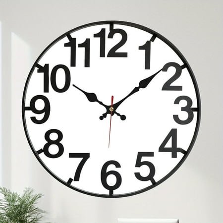 Wood Clock Wall Decor, Modern Wall Hanging Ornament, Wrought Iron Walls Decoration in Minimalist Style Vintage Farmhouse Decor for Patio, Garden, Living Room (Battery Not Included)