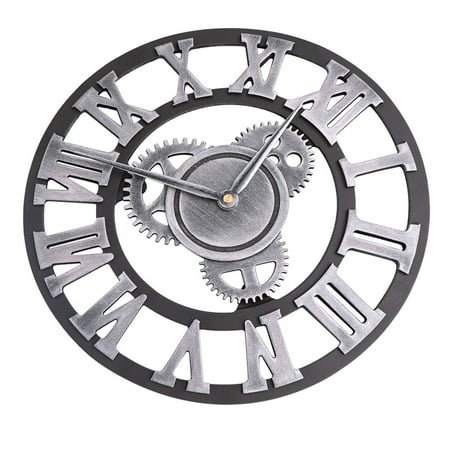 Wood Decor Black Trim Office Wall Clock Black Metal Cog Mechanical Roman Numeral Gears Steampunk Wooden 3D Chic