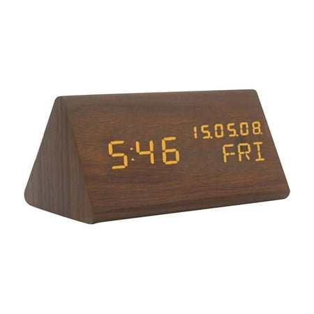 Wooden Alarm Clock, Wood LED Digital Desk Clock, Upgraded with Time Temperature, Adjustable Brightness and Voice Control, Humidity Displaying