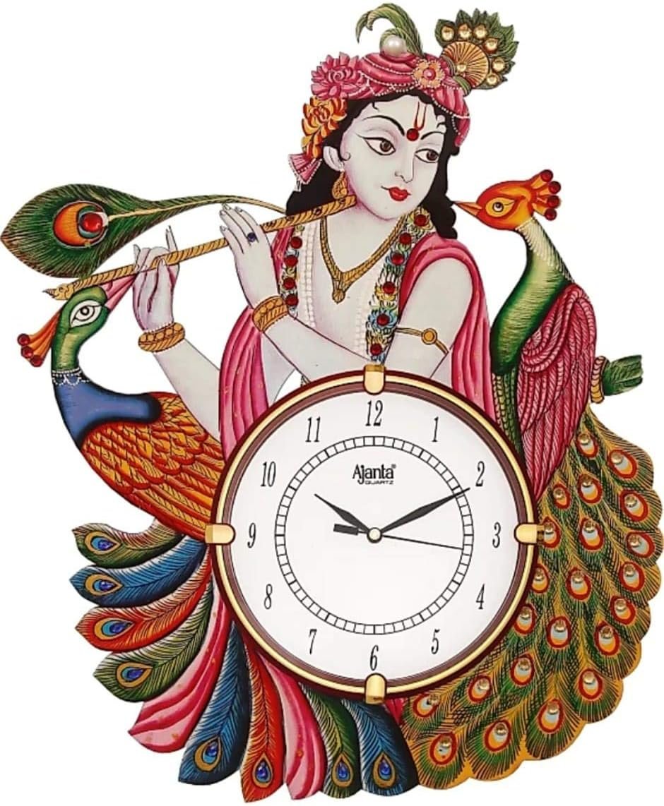 Wooden Antique Lord Krishna with Peacock Designer Wall Clock (12 x 16.5 inch, Multicolour),KP499