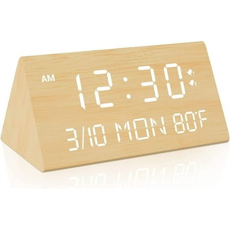 Wooden Digital Alarm Clock, 0-100 Percent Dimmer, 2 Alarm Settings, Weekday/Everyday Mode, 9 Mins Snooze, 12/24H, Temperature and Date Display for Office, Travel, Bedroom Alarm Clock (Bamboo)