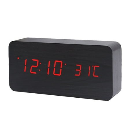Wooden Digital Alarm Clock, Bamboo Wood Red Light - black