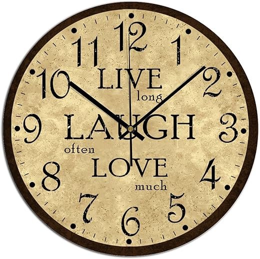 Wooden Wall Clock Silent Non-Ticking, Brown Live Long Laugh Often Love Much Round Wall Clocks Decor for Home Kitchen Living Room Office Gift for Friend Family 12