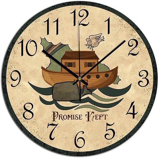 Wooden Wall Clock Silent Non-Ticking, Brown Noah's Ark Round Wall Clocks Decor for Home Kitchen Living Room Office Gift for Friend Family 10"