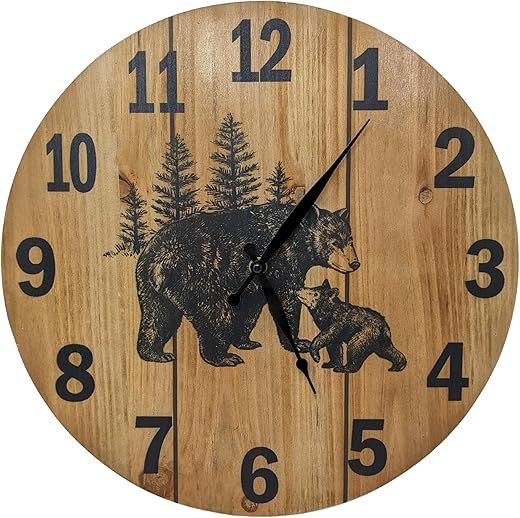 Wooden Wall Clock with Black Bear Design, Rustic 15 Round Clock – Forest Cabin Lodge Style Décor for Living Rooms, Bedrooms, Offices, or Vacation Homes–Enhances Spaces with Warm, Cozy Woodland Charm.