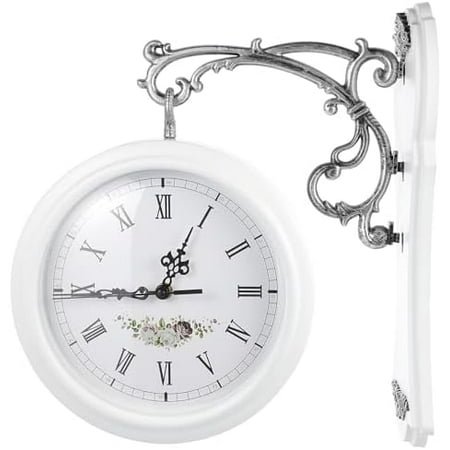 Wrought Iron Antique-Look Brown Round Wall Hanging Double Sided Clock Round Chandelier Wall Hanging Clock with Scroll Wall Clock Double Sided Vintage Wrought Iron Wall Clock