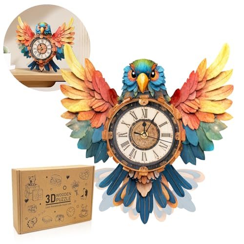 wudhank 3D Puzzle for Adults Clock - Parrot Wall Clock Design Model Kit-Mechanical DIY Pendulum Clock with Roman Numerals- Desk Home Office Decor Personalized Gift for DIY Lovers