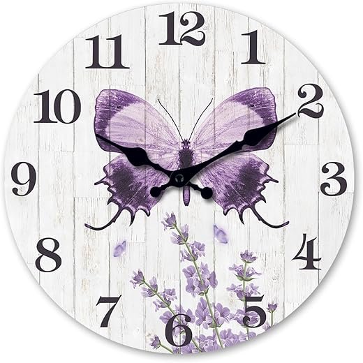XFM Purple Butterfly Wall Clock for Girls Bedroom Farmhouse Wooden Clocks 12 Inch Silent Non-Ticking Battery Operated Decorative for Living Room Kitchen