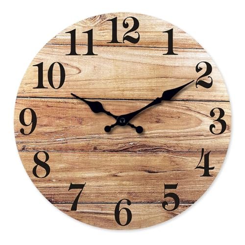 XNM Round Wood Wall Clock for Kitchen 12 Inch Farmhouse Small Wall Clocks Battery Operated Brown Wall Clock Silent (MDF No Solid Wood)