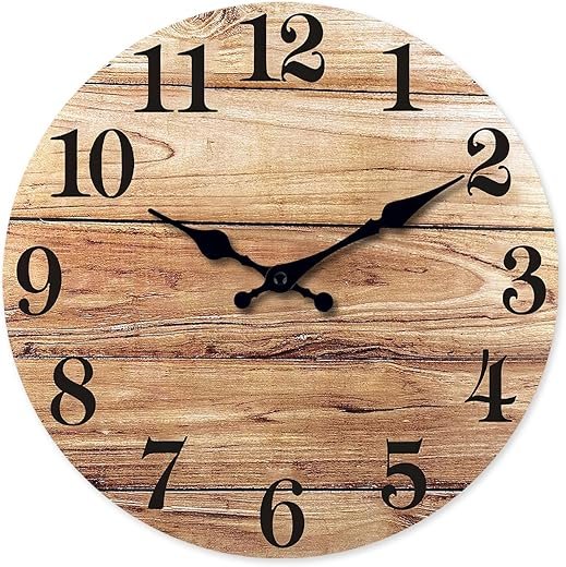 XNM Round Wood Wall Clock for Kitchen 12 Inch Farmhouse Small Wall Clocks Battery Operated Brown Wall Clock Silent (MDF No Solid Wood)