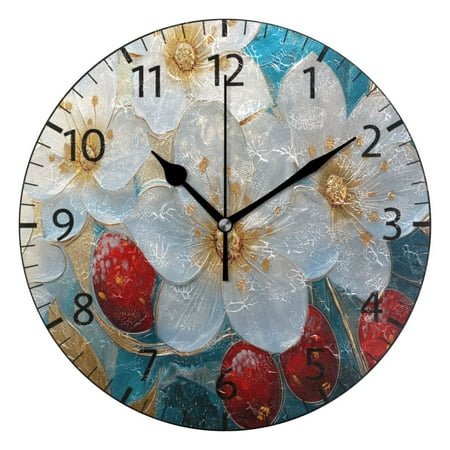 YAZAOO Decorative Wall Clock Size：25cm Glass Flowers with Gold Accents Design Pattern Clock