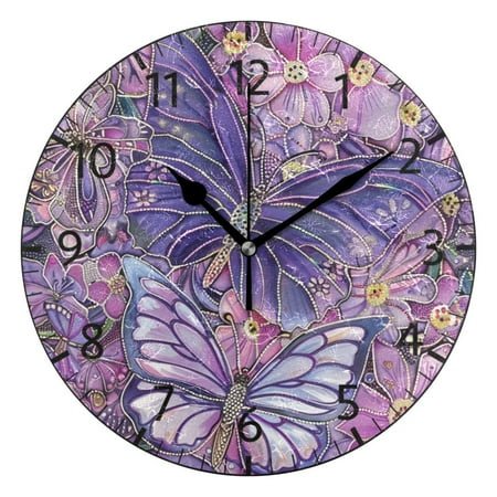 YAZAOO Decorative Wall Clock Size：25cm Purple Butterfly Garden Design Pattern Clock