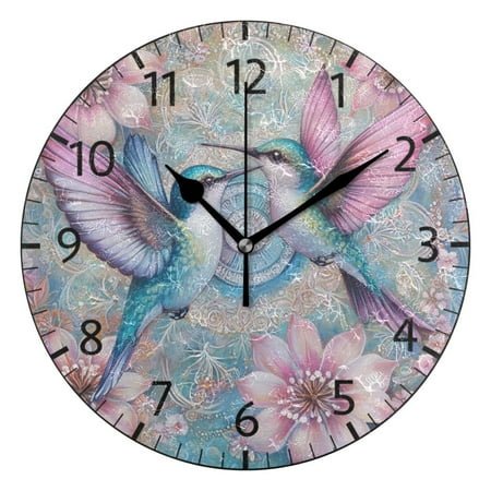 YAZAOO Decorative Wall Clock Size：25cm Springtime Hummingbird Kiss Design Pattern Clock