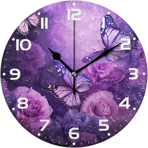 YETTASBIN Purple Butterfly Wall Clock, Silent Non Ticking Battery Operated Creative Decorative Round Clock for Kitchen, Living Room, Bathroom, Home School Office Decor, 10 Inch