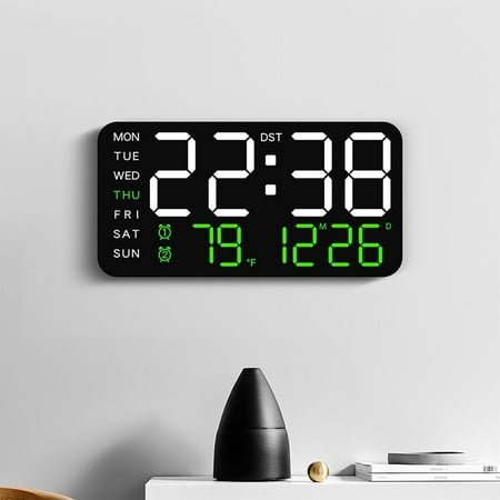 Yhmxh 9.5 Large Digital Wall Clock Timer, USB and Battery Powered, 2 Alarms, LED Display, 8 RGB Color, Auto DST, Temperature for Living Room, Bedroom, Desk, Mounted, Gift for Elderly (Green)