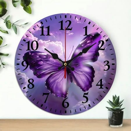 YILUYINQING Butterfly Clouds Purple Round Wooden Wall Clock, Battery Operated, Wall Art Decor for Living Rooms, Kitchens, Dorms - Practical Everyday Gifts 10x10in