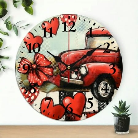 YILUYINQING Hearts Bow Theme Round Wooden Wall Clock 10 Inch Perfect for Living Rooms Kitchens Dorms Practical Everyday Gifts 10x10in