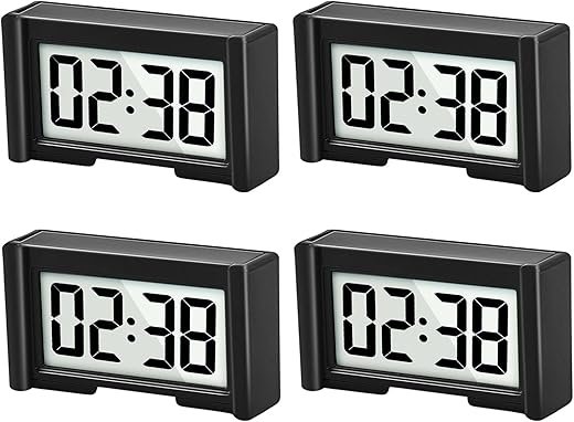 YOUNGFLY 4PCS Small Digital Clock, Vehicle Adhesive Clock with Jumbo LCD Time & Day Display, Mini Car Dashboard Clock Battery Operated for Desktop Car Truck Dashboard & Air Vent (Black)