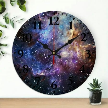 ZFLMY Star Cluster Galaxy Space Wooden Wall Clock Silent Mechanical Movement Wall Decor 10 Inches Decorative Clock for Living Rooms, Kitchens, Dorms, Easy to Read and Install 10x10in