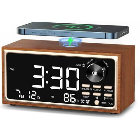 ZHENYEMEI Digital LED Alarm Clock, Vintage Alarm Clock Radio with Fast Wireless Charging, White Noise Sound, Dual Alarms, Temperature display, Dimmer Control,Auto-Dimming, Retro Clock for Bedroom