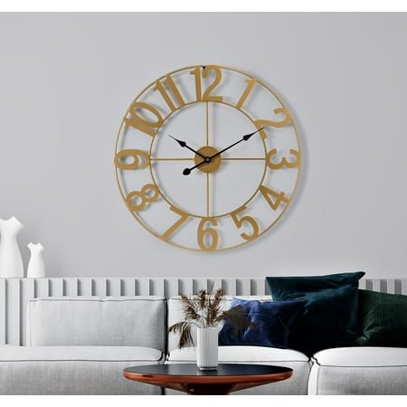 ZMMOO 24-Inch Large Wall Clock – Decorative Gold Metal Clock with Black Hands – Silent, Battery Operated, Modern Wall Decor for Living Room, Kitchen, or Office – Great Gift for Housewarming or Office