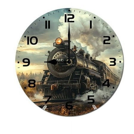 ZXCXRQFa Retro Train Smoke On The Train Track Silent Non Ticking Round Wood Wall Clocks Battery Operated Easy to Read 10 Inch Decorative Home Decor for Living Room,Bedroom,Kids Room