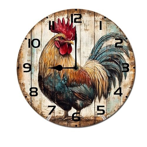ZXCXRQFa Rooster Farmhouse 10" Retro Vintage Clock Non-Ticking Silent Wood Wall Clocks Battery Operated Decor Retro Design for Kitchen/Living Room/Bedroom/Farmhouse