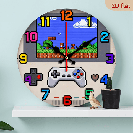 10-inch 2D flat Game Pixels theme wooden circular silent wall clock, suitable for modern home art decoration, wall decoration, it is an ideal gift for festivals and birthdays