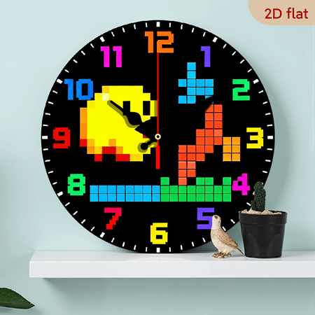 10-inch 2D flat Pixel Game theme wooden circular silent wall clock, suitable for modern home art decoration, wall decoration, it is an ideal gift for festivals and birthdays