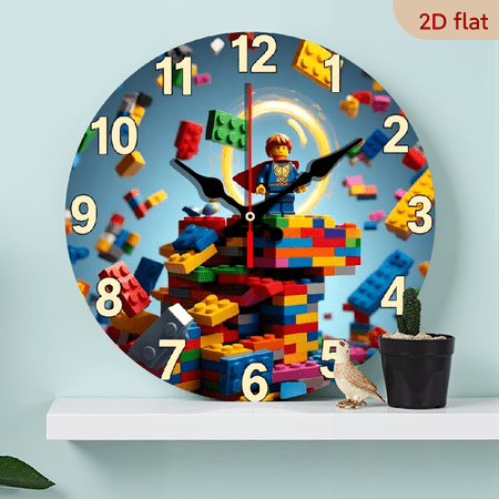 10-inch 2D flat Superman Building Blocks theme wooden circular silent wall clock, suitable for modern home art decoration, wall decoration, it is an ideal gift for festivals and birthdays